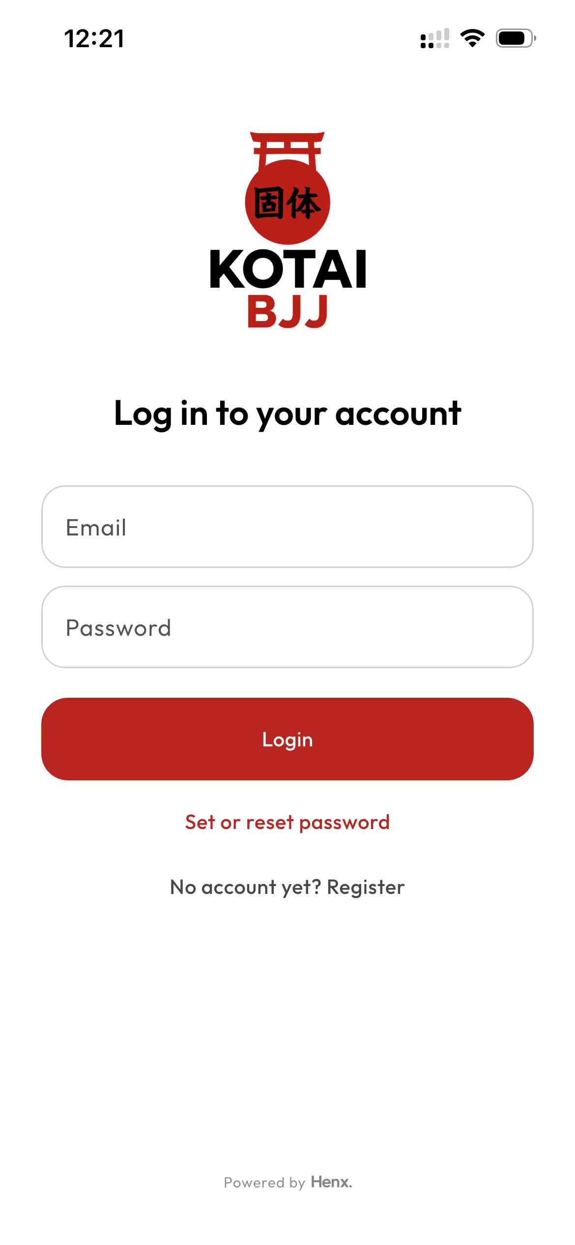 Kotai BJJ login screen with register option