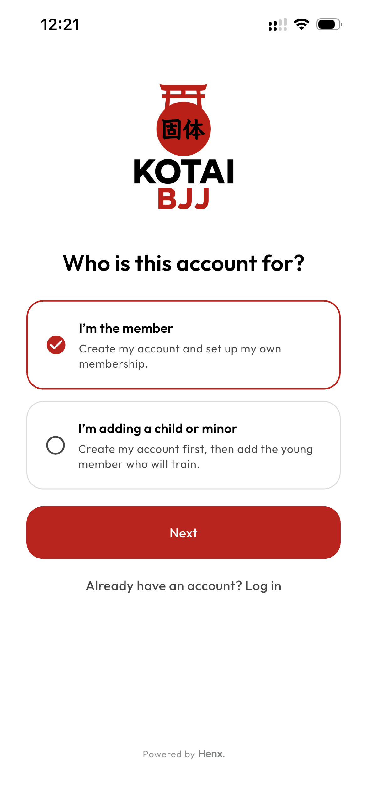Kotai BJJ screen asking who the account is for