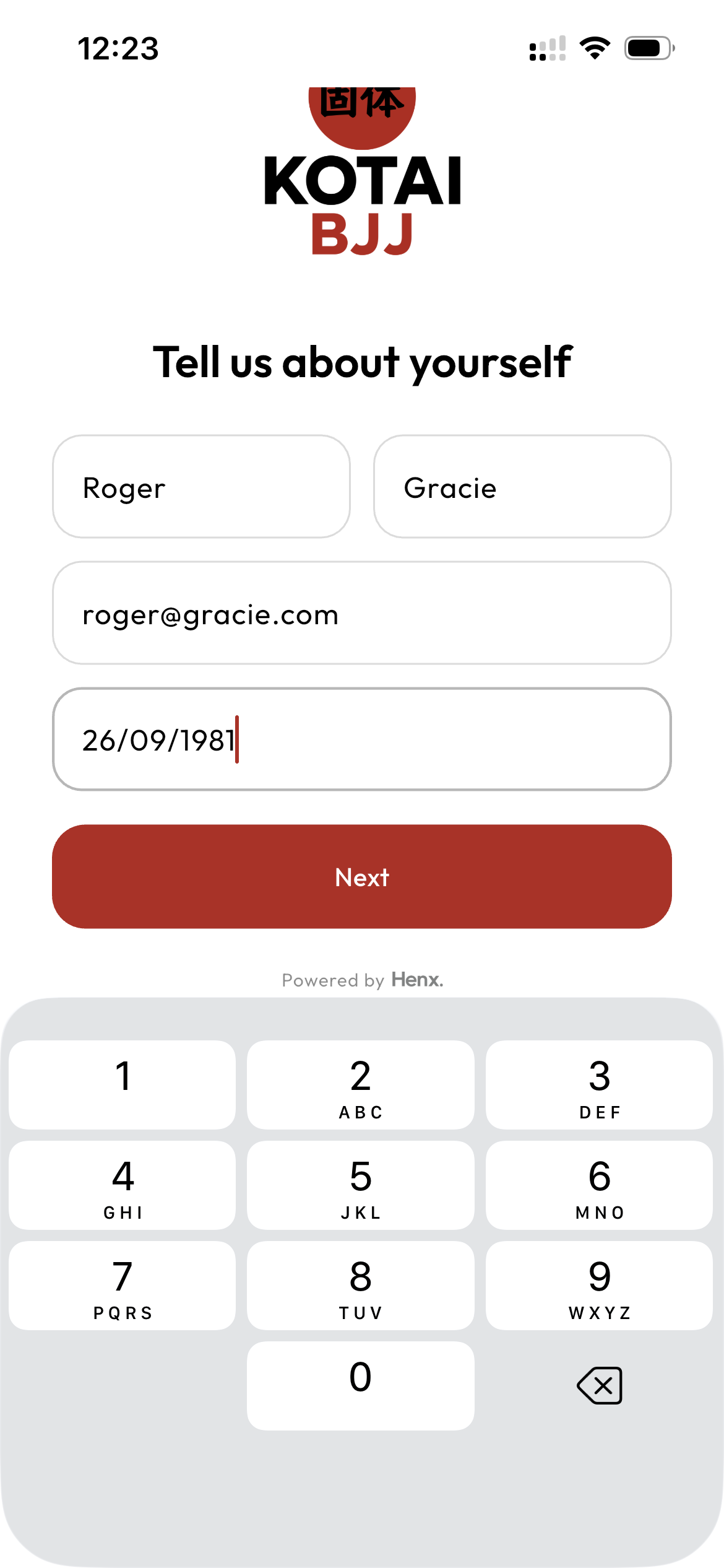 Kotai BJJ screen collecting member details