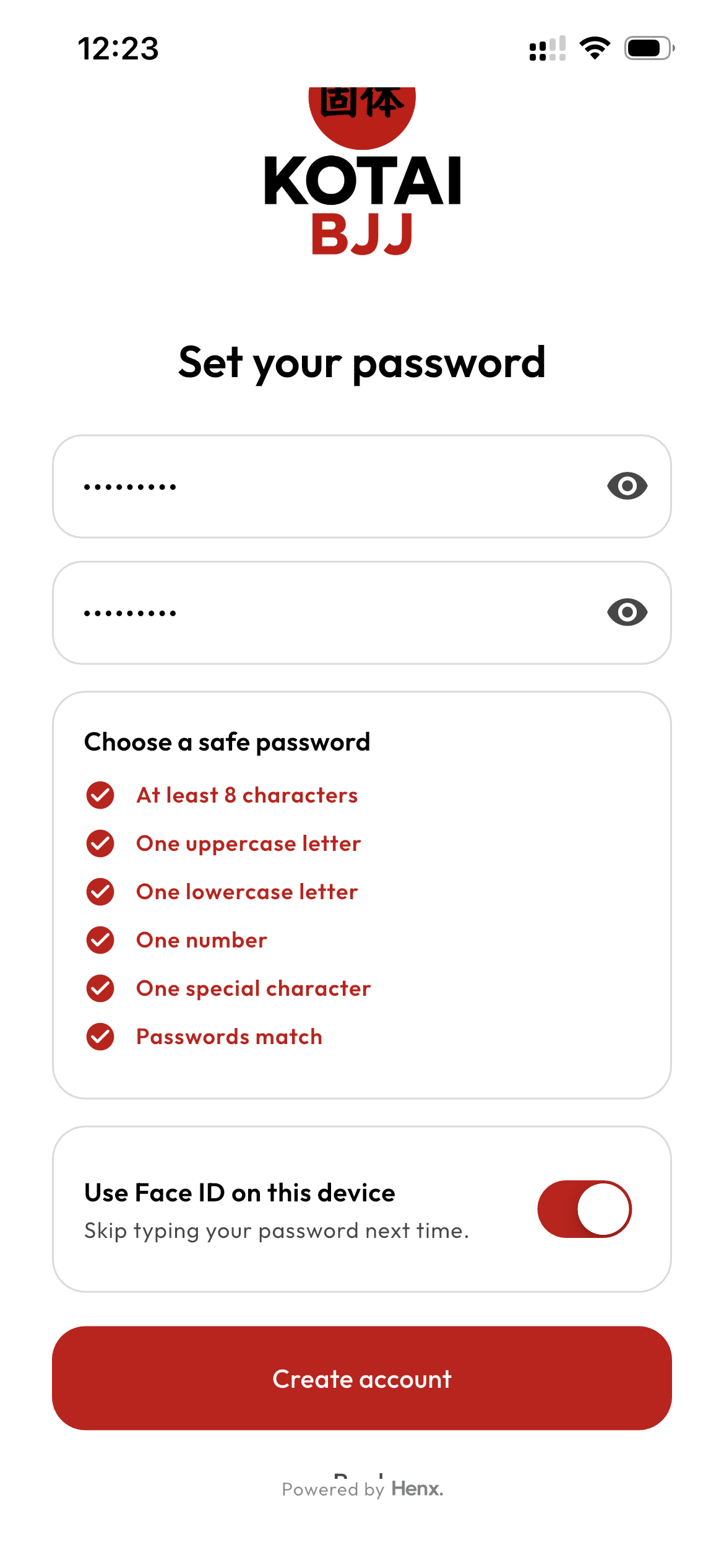 Kotai BJJ password setup screen