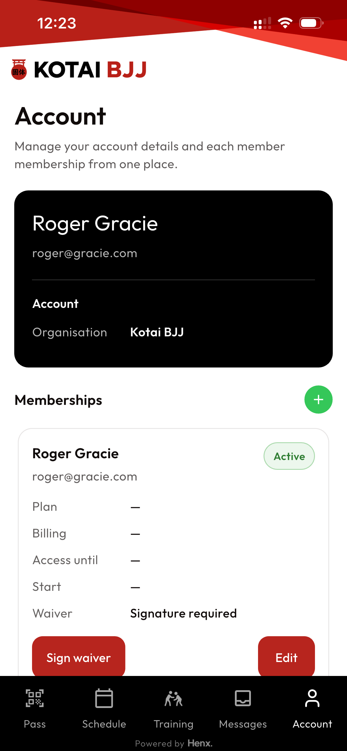 Kotai BJJ account screen before waiver and membership setup