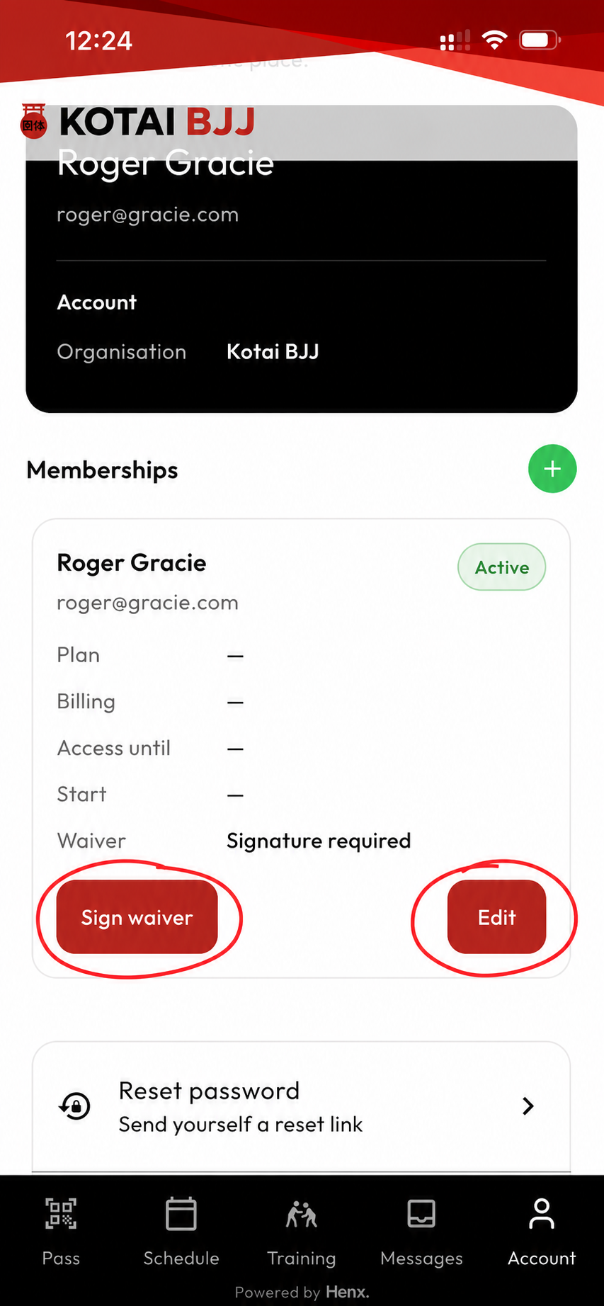 Kotai BJJ account screen showing sign waiver and edit buttons